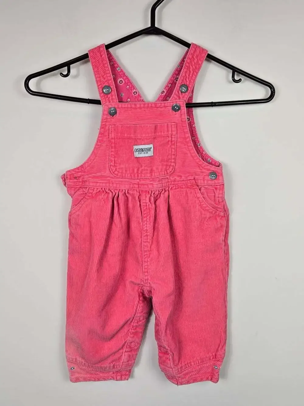 Vintage OshKosh Pink Corduroy Overalls 12M Floral Embroidered Hem 90s Baby